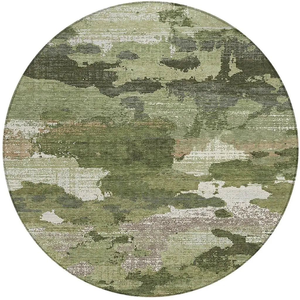 8' Olive Green And Green Round Abstract Washable Indoor Outdoor Area Rug Homeroots Outdoor