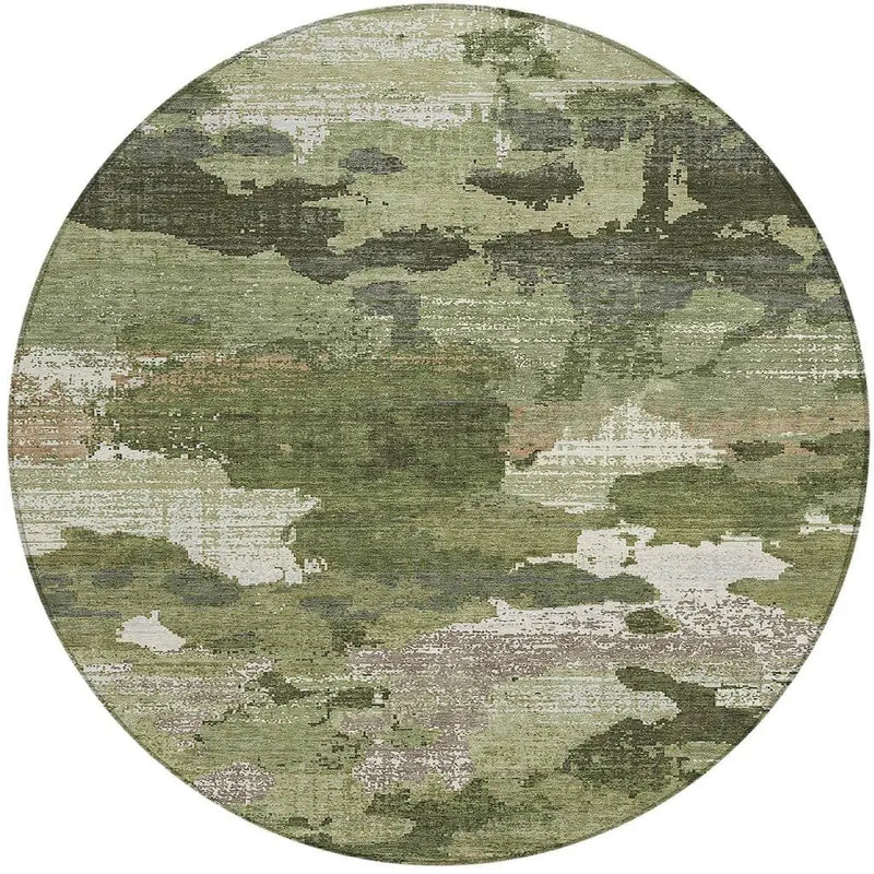 8' Olive Green And Green Round Abstract Washable Indoor Outdoor Area Rug Homeroots Outdoor