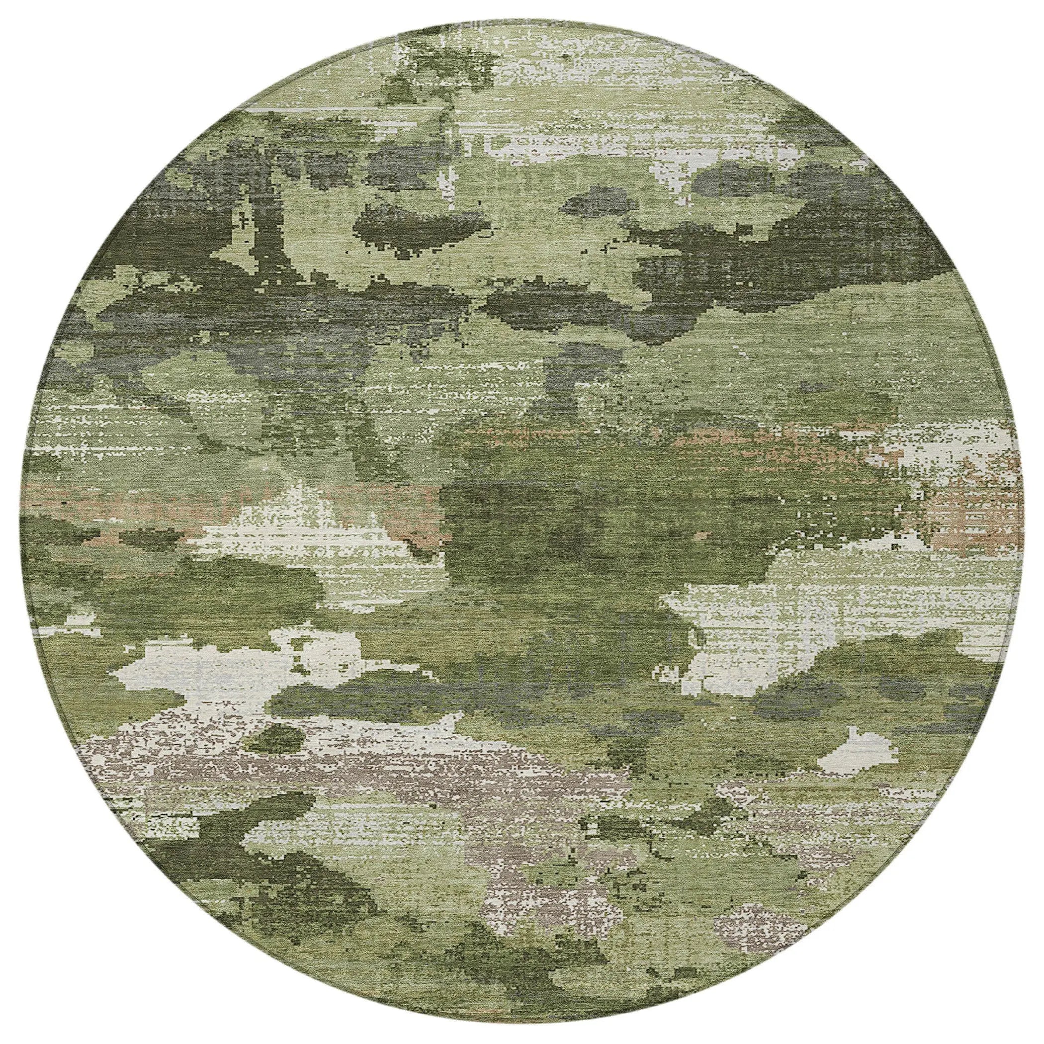 8' Olive Green And Green Round Abstract Washable Indoor Outdoor Area Rug Homeroots Outdoor