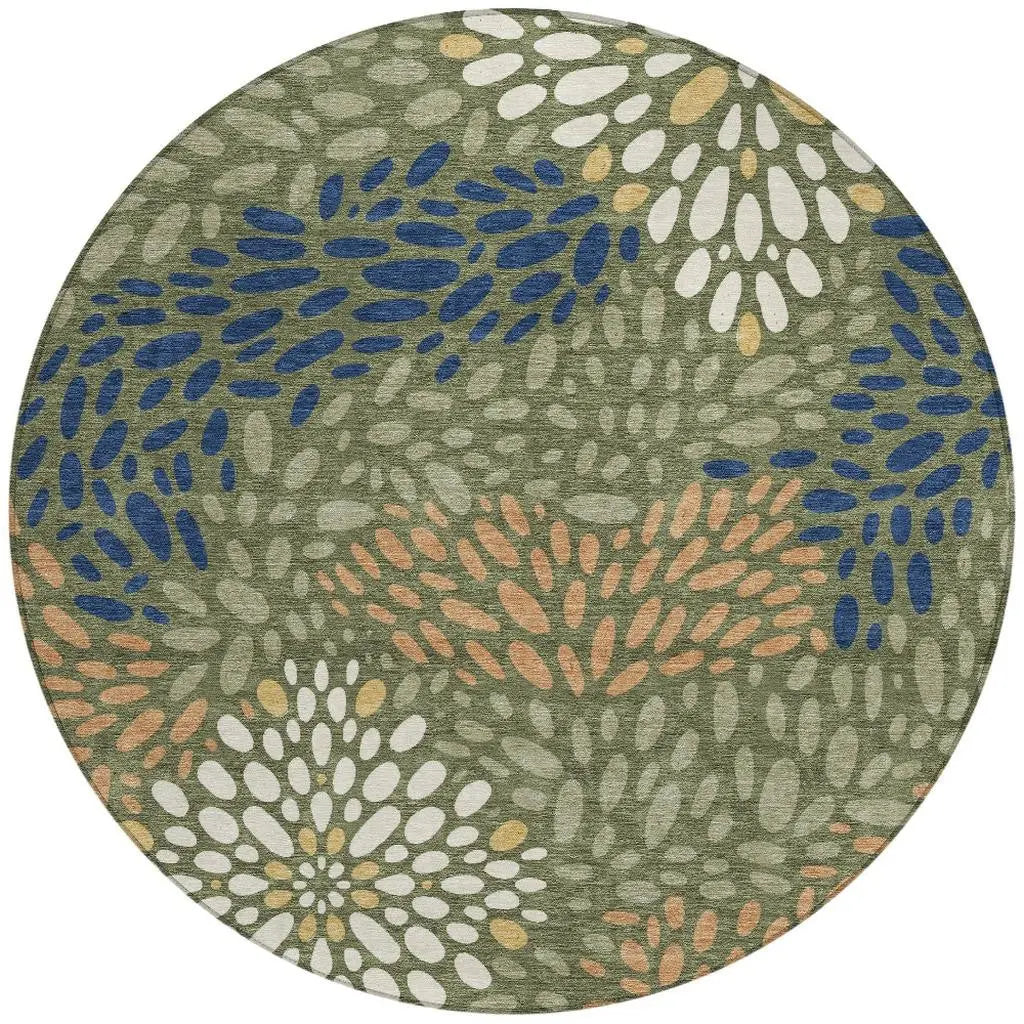 8' Olive Green And Green Round Abstract Washable Indoor Outdoor Area Rug Homeroots Outdoor