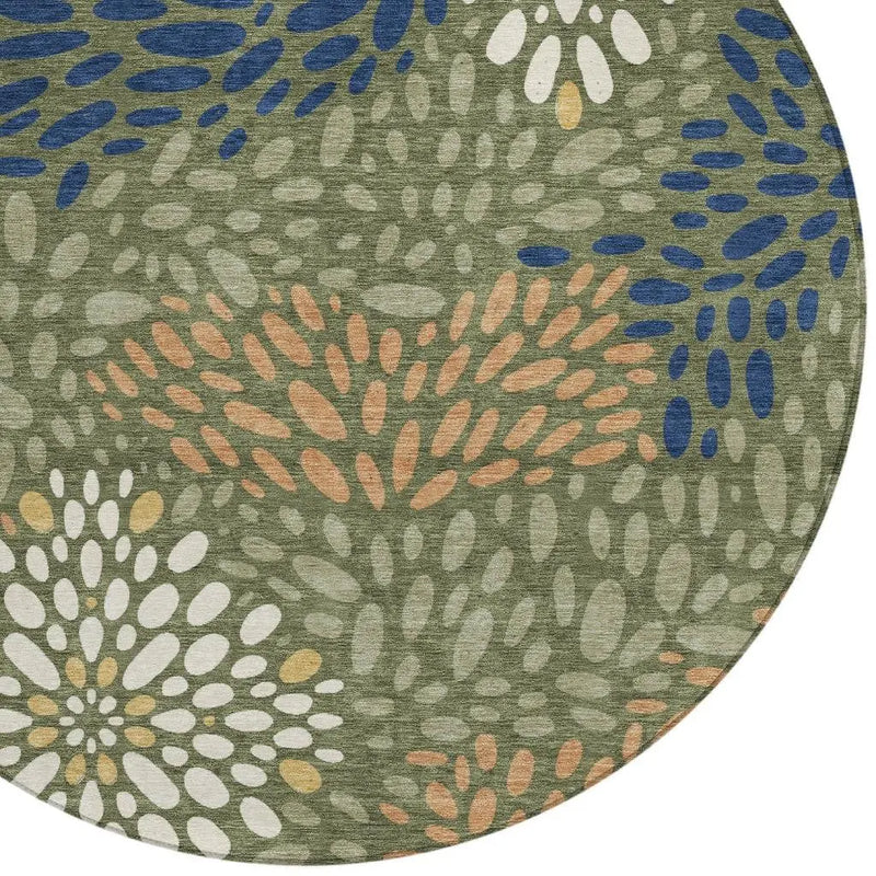 8' Olive Green And Green Round Abstract Washable Indoor Outdoor Area Rug Homeroots Outdoor