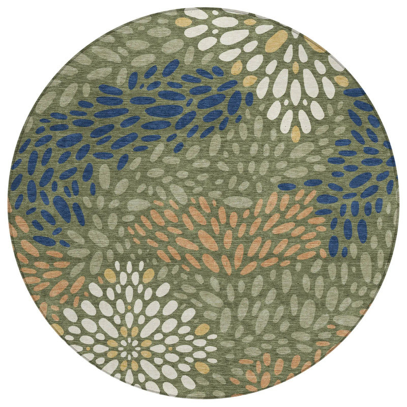 8' Olive Green And Green Round Abstract Washable Indoor Outdoor Area Rug Homeroots Outdoor