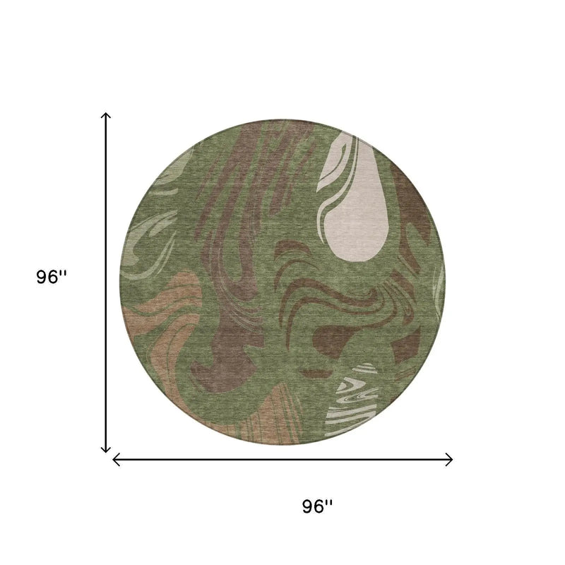 8' Olive Green And Green Round Abstract Washable Indoor Outdoor Area Rug Homeroots Outdoor