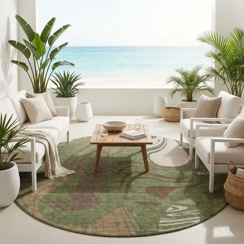 8' Olive Green And Green Round Abstract Washable Indoor Outdoor Area Rug Homeroots Outdoor