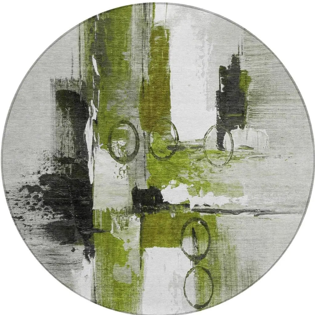 8' Olive Green And Green Round Abstract Washable Indoor Outdoor Area Rug Homeroots Outdoor