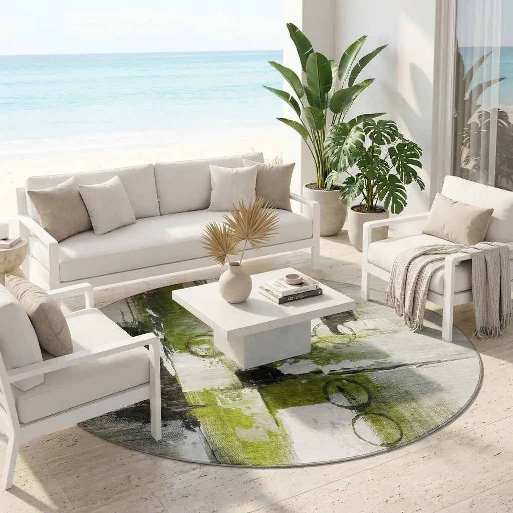 8' Olive Green And Green Round Abstract Washable Indoor Outdoor Area Rug Homeroots Outdoor