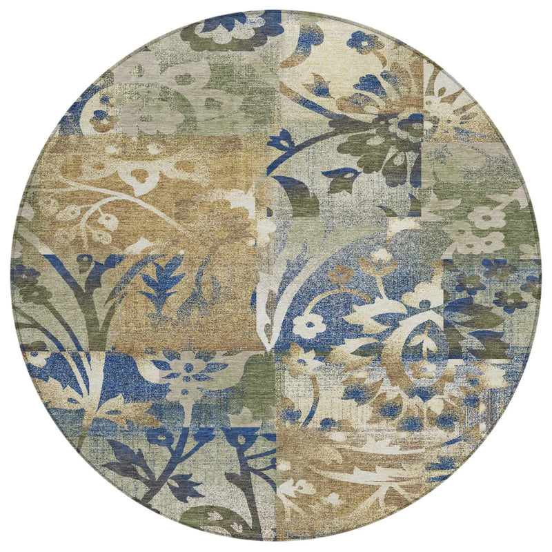 8' Olive Green And Green Round Botanical Leaves Washable Indoor Outdoor Area Rug Homeroots Outdoor