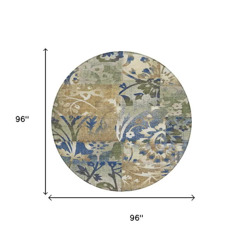 8' Olive Green And Green Round Botanical Leaves Washable Indoor Outdoor Area Rug Homeroots Outdoor