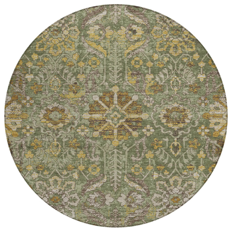 8' Olive Green And Green Round Damask Washable Indoor Outdoor Area Rug Homeroots Outdoor