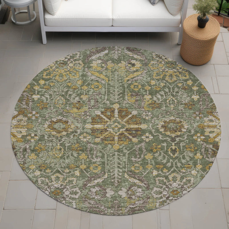8' Olive Green And Green Round Damask Washable Indoor Outdoor Area Rug Homeroots Outdoor