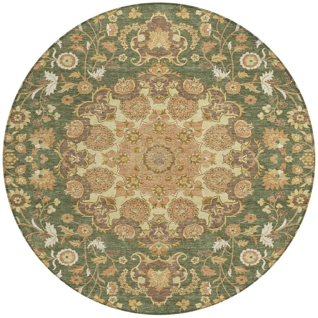 8' Olive Green And Green Round Damask Washable Indoor Outdoor Area Rug Homeroots Outdoor