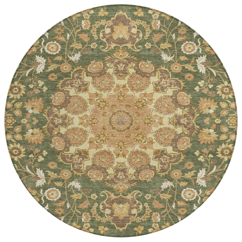 8' Olive Green And Green Round Damask Washable Indoor Outdoor Area Rug Homeroots Outdoor