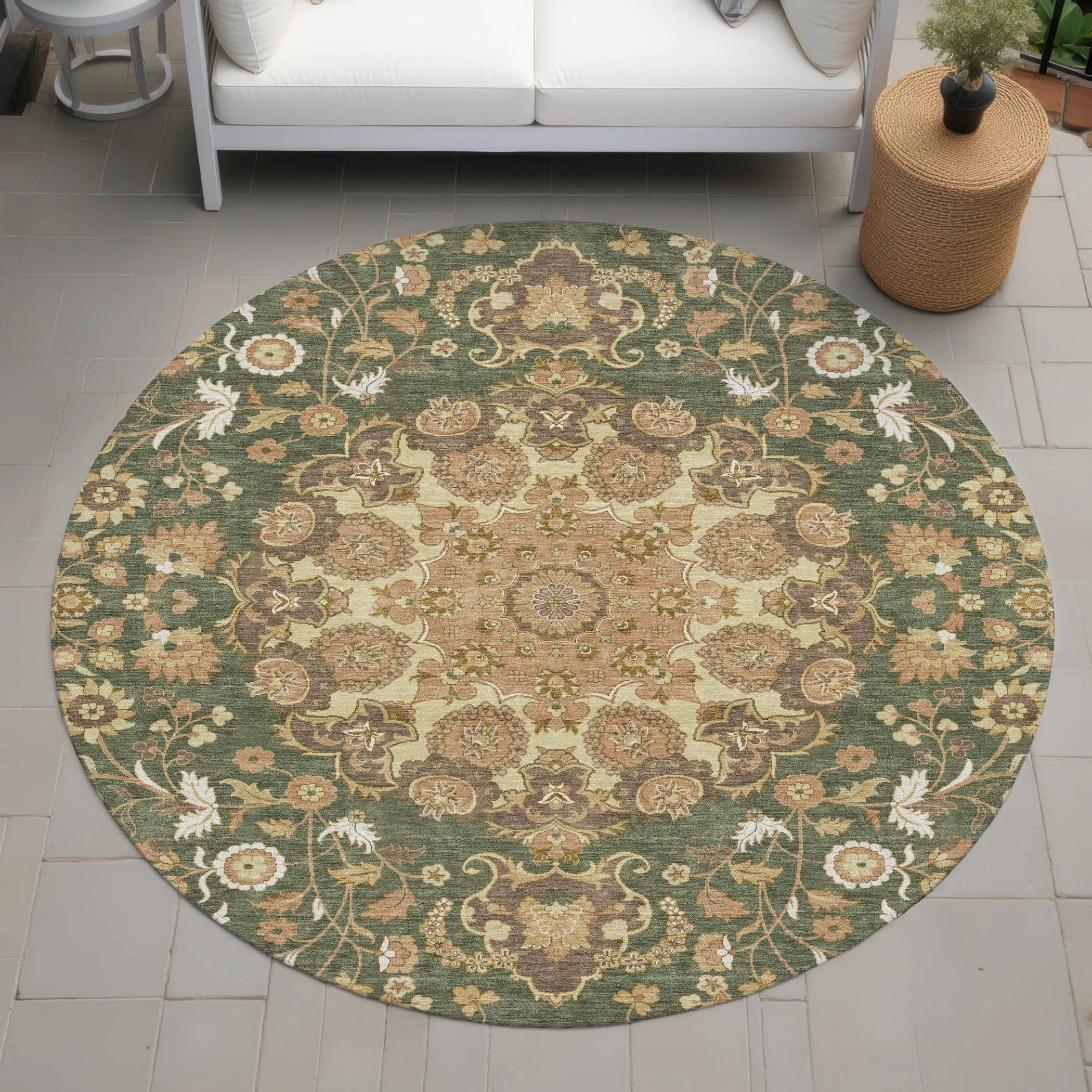 8' Olive Green And Green Round Damask Washable Indoor Outdoor Area Rug Homeroots Outdoor