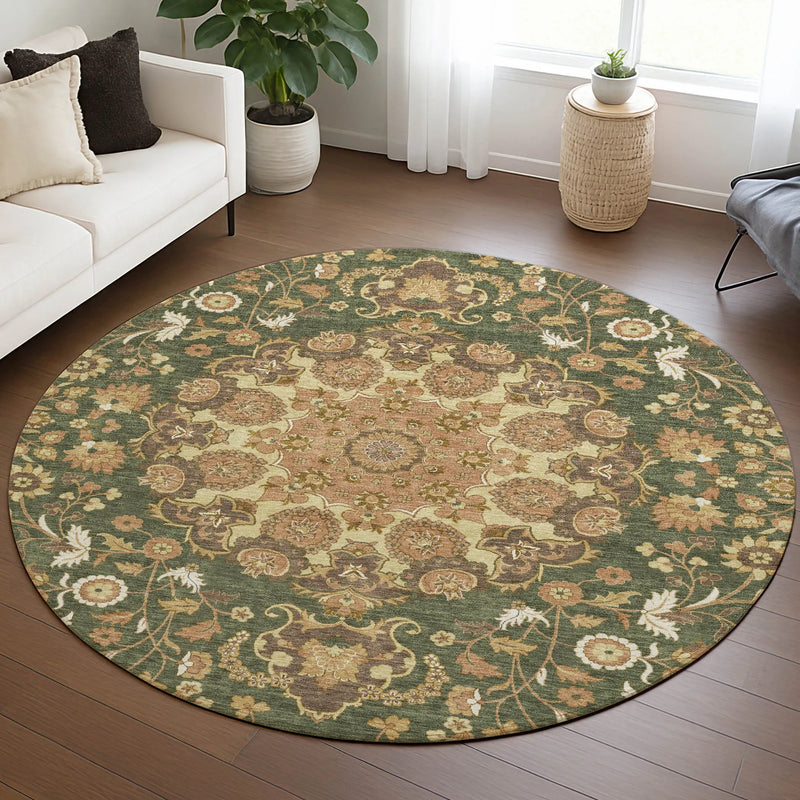 8' Olive Green And Green Round Damask Washable Indoor Outdoor Area Rug Homeroots Outdoor