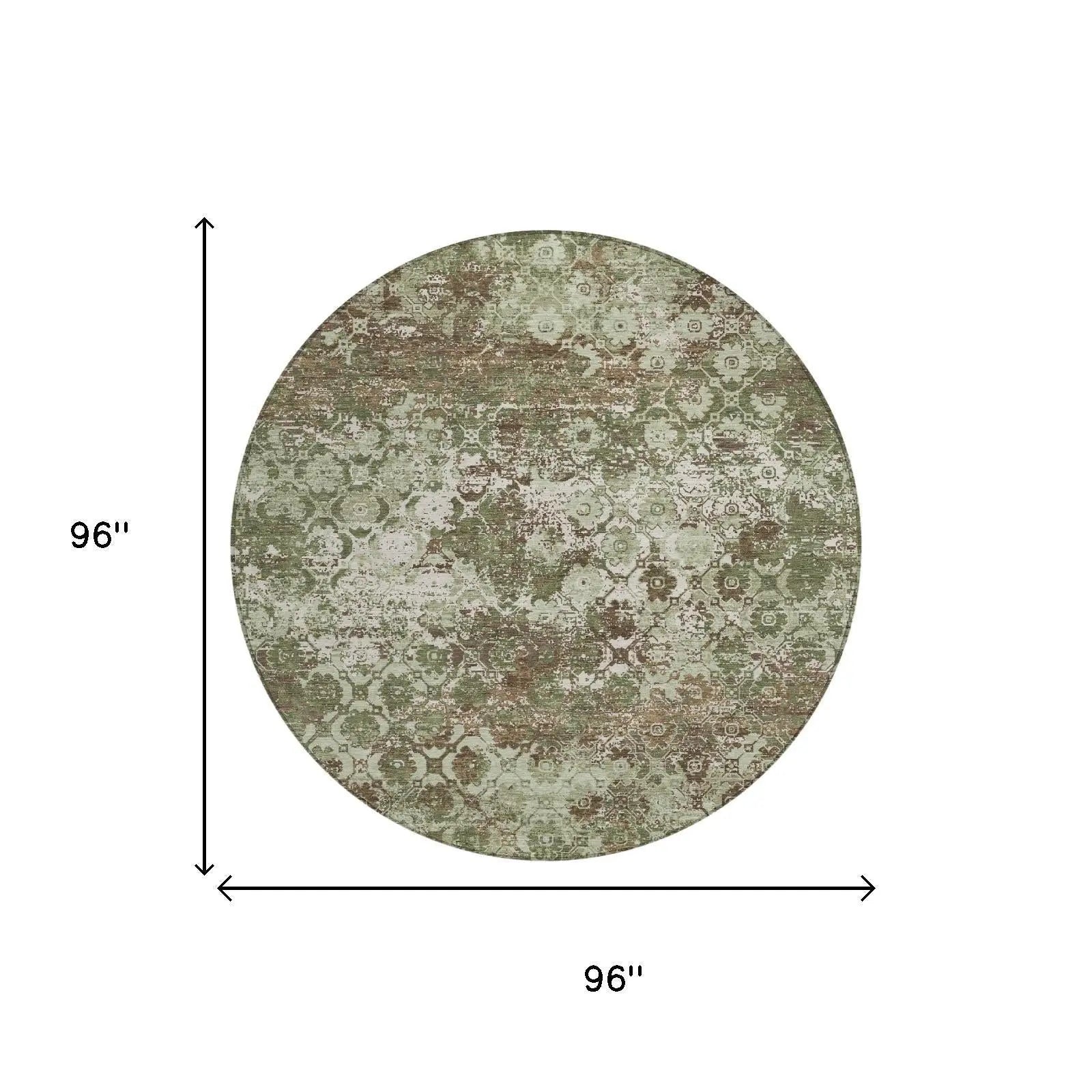 8' Olive Green And Green Round Floral Medallion Washable Indoor Outdoor Area Rug Homeroots Outdoor