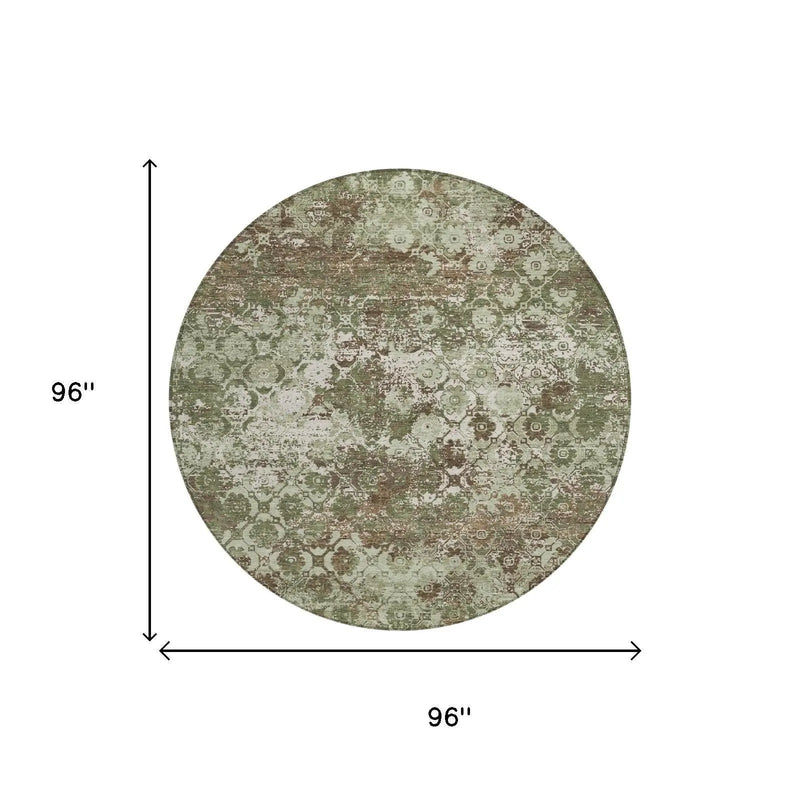 8' Olive Green And Green Round Floral Medallion Washable Indoor Outdoor Area Rug Homeroots Outdoor