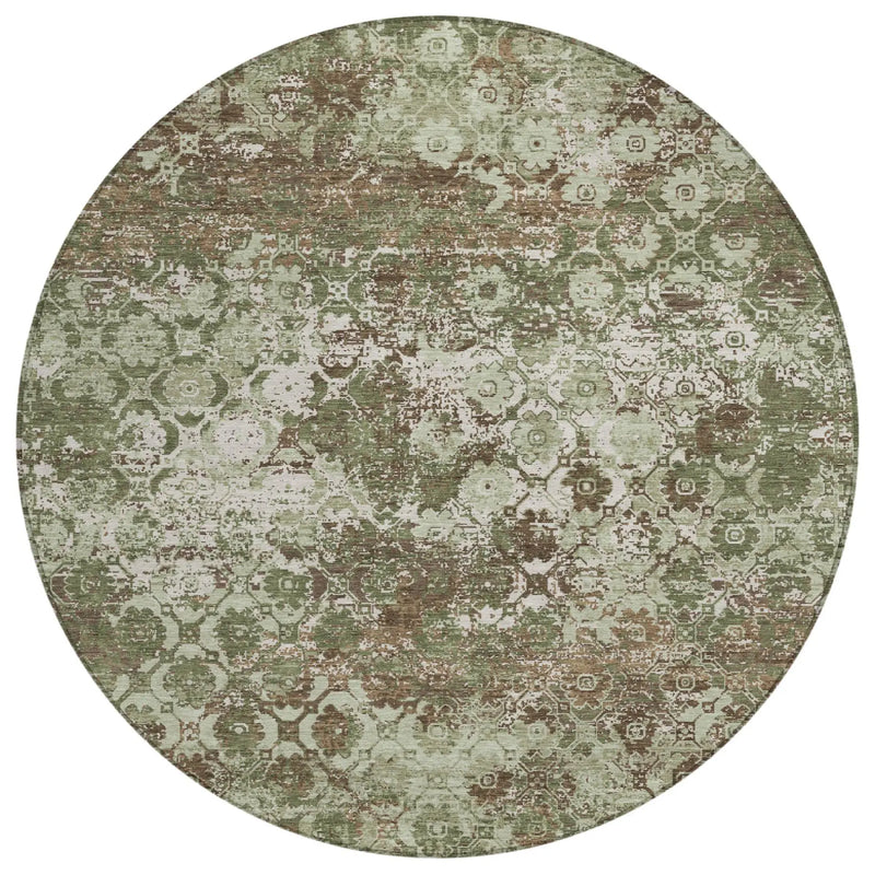 8' Olive Green And Green Round Floral Medallion Washable Indoor Outdoor Area Rug Homeroots Outdoor