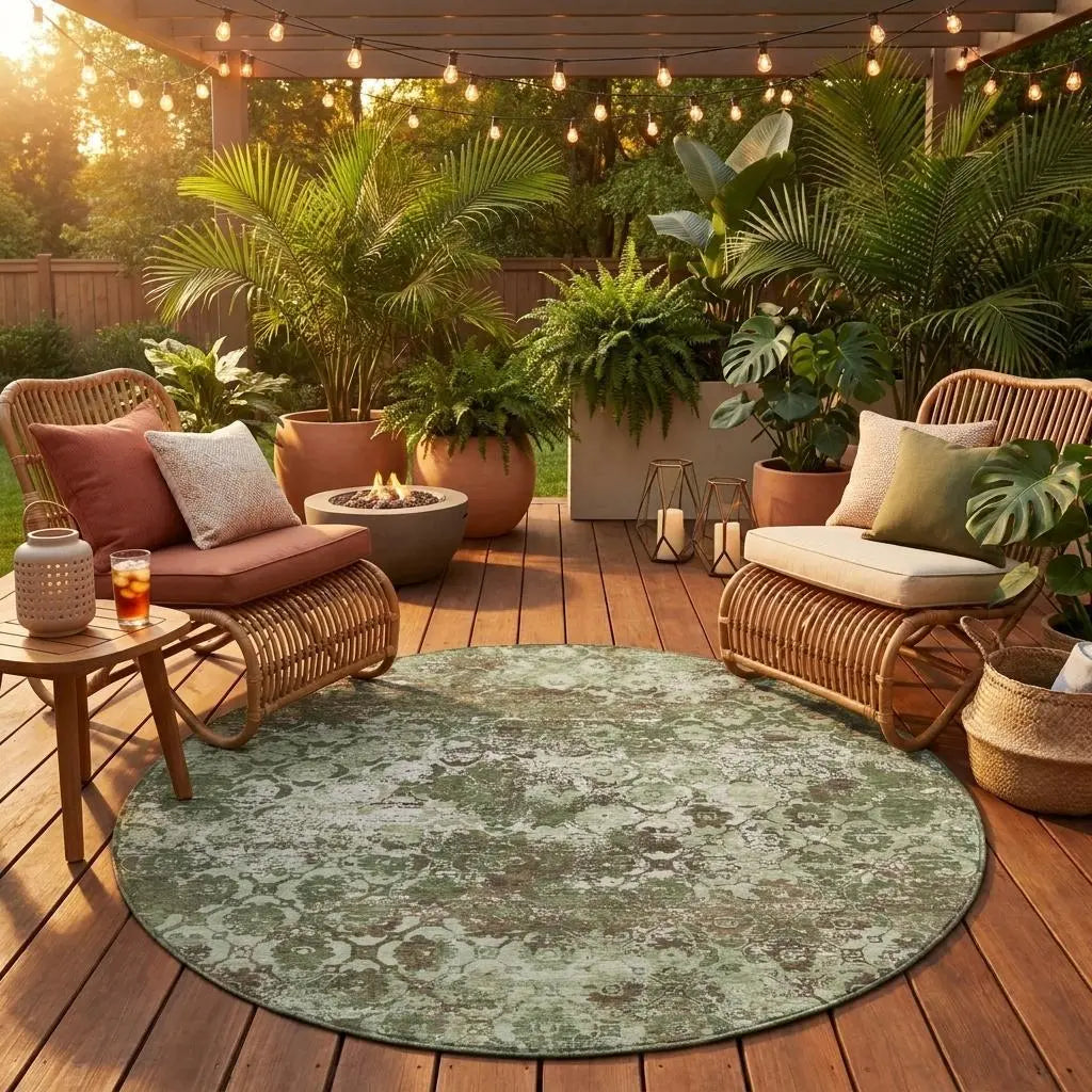 8' Olive Green And Green Round Floral Medallion Washable Indoor Outdoor Area Rug Homeroots Outdoor