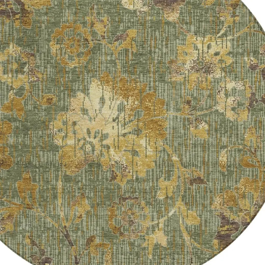 8' Olive Green And Green Round Floral Washable Indoor Outdoor Area Rug Homeroots Outdoor