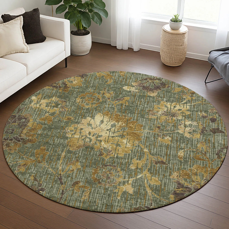 8' Olive Green And Green Round Floral Washable Indoor Outdoor Area Rug Homeroots Outdoor