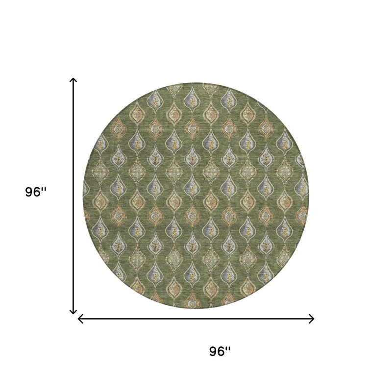 8' Olive Green And Green Round Floral Washable Indoor Outdoor Area Rug Homeroots Outdoor