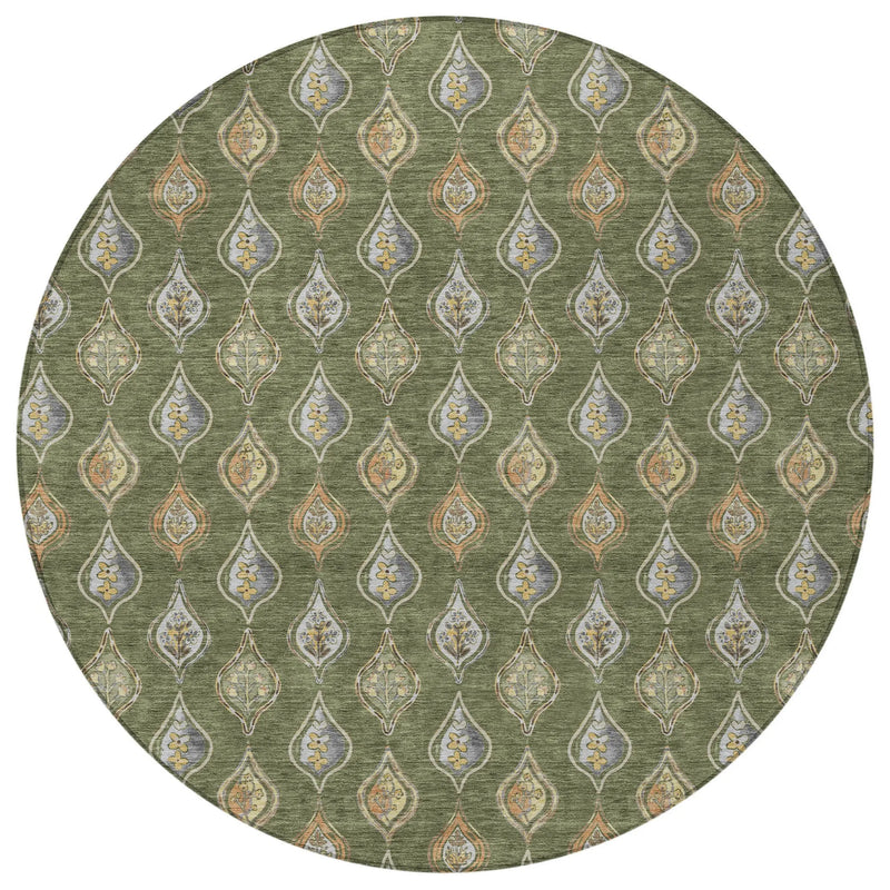 8' Olive Green And Green Round Floral Washable Indoor Outdoor Area Rug Homeroots Outdoor