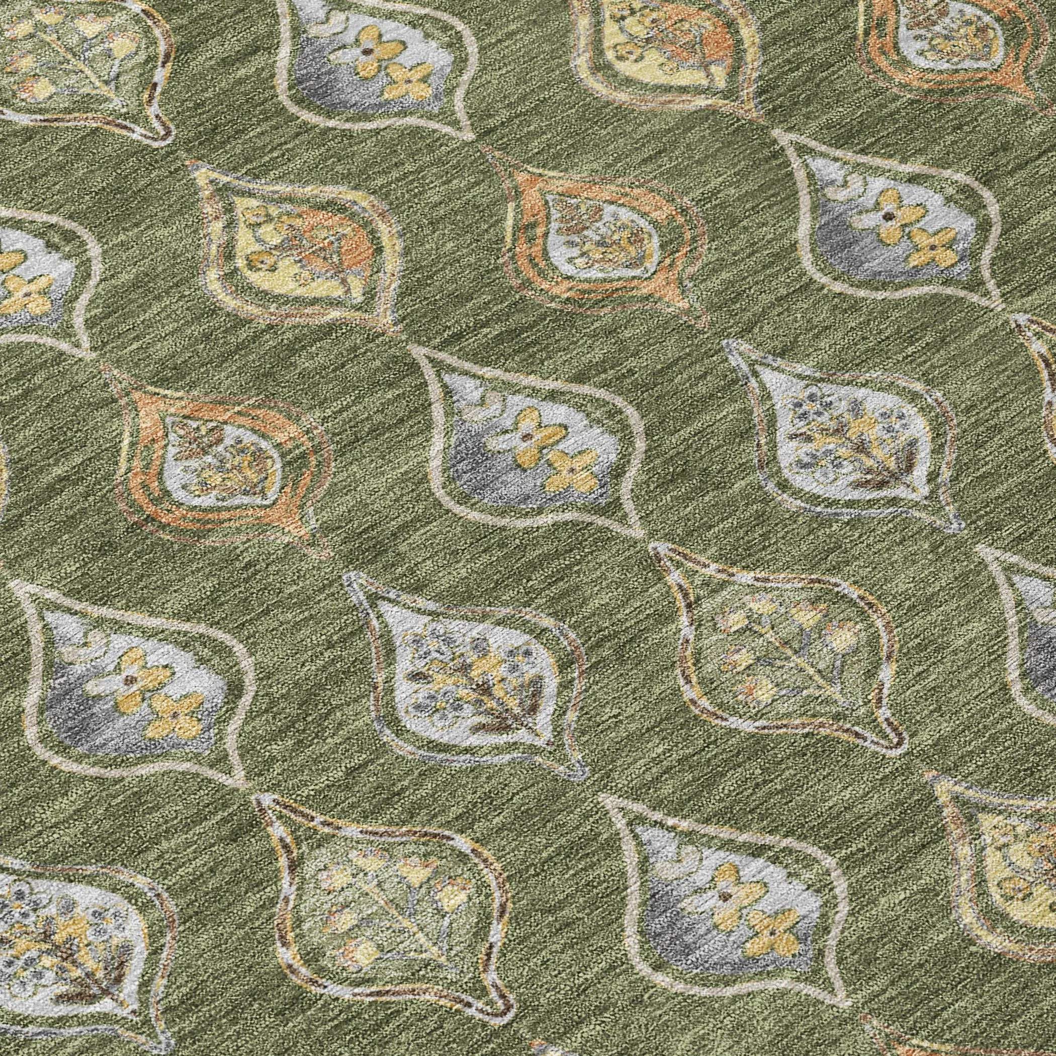 8' Olive Green And Green Round Floral Washable Indoor Outdoor Area Rug Homeroots Outdoor