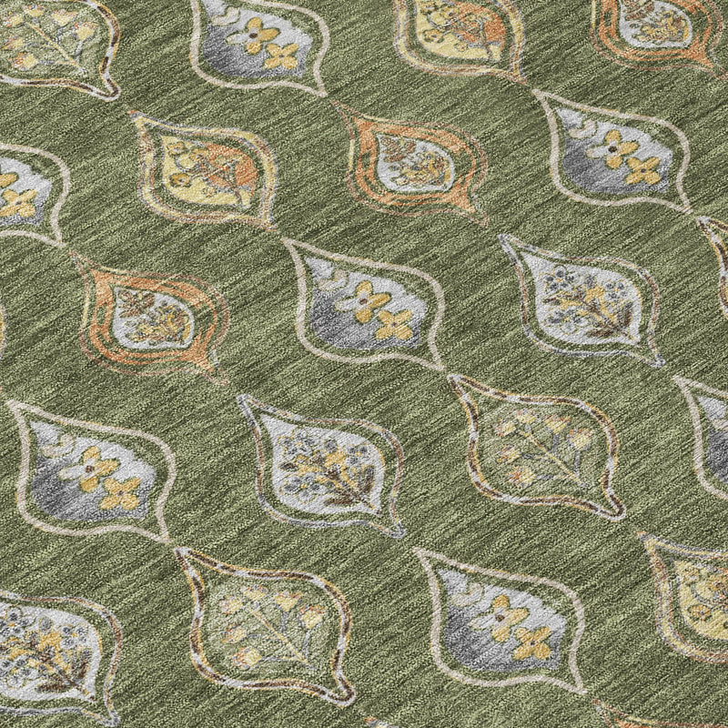 8' Olive Green And Green Round Floral Washable Indoor Outdoor Area Rug Homeroots Outdoor