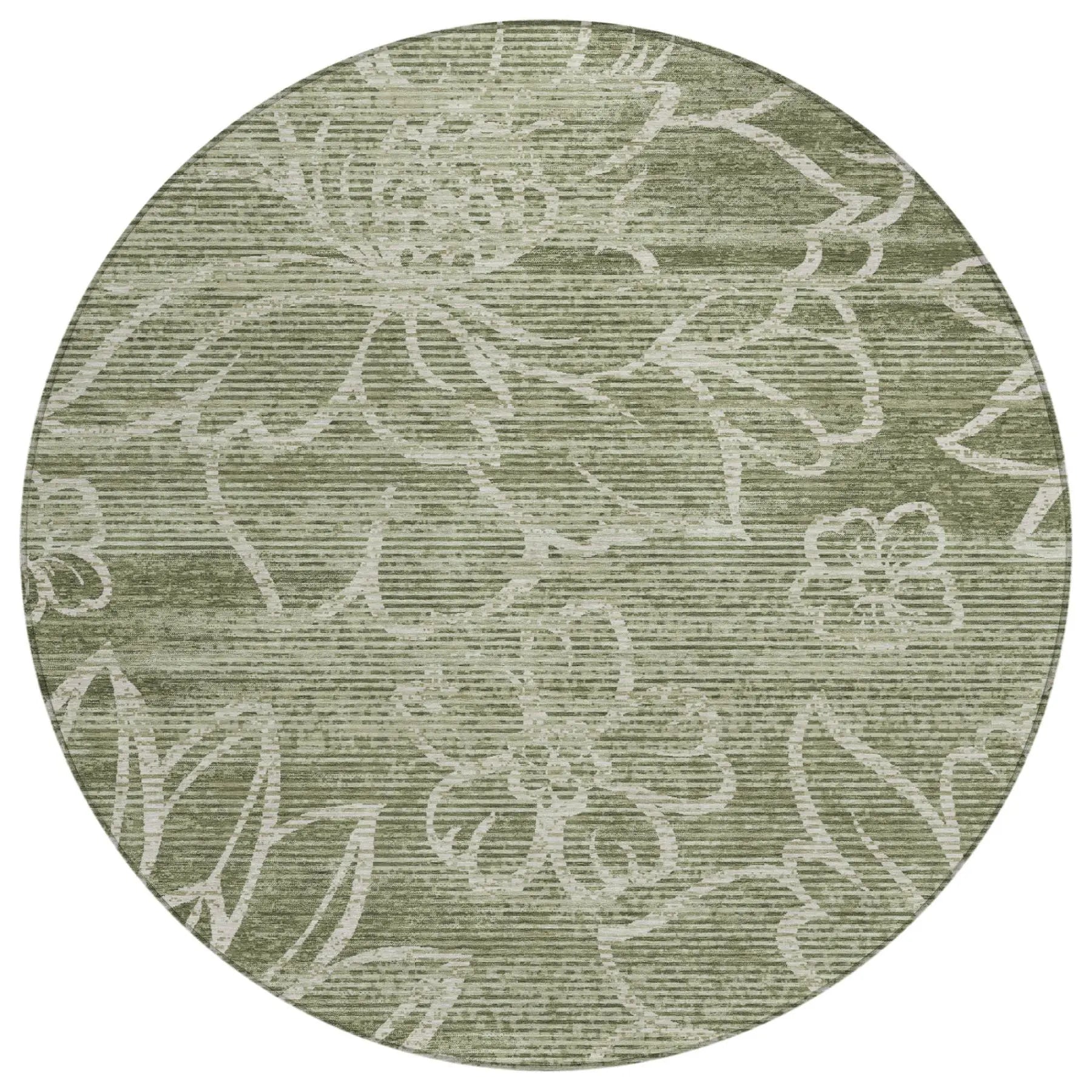 8' Olive Green And Green Round Floral Washable Indoor Outdoor Area Rug Homeroots Outdoor