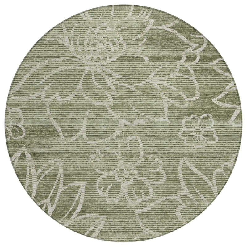 8' Olive Green And Green Round Floral Washable Indoor Outdoor Area Rug Homeroots Outdoor