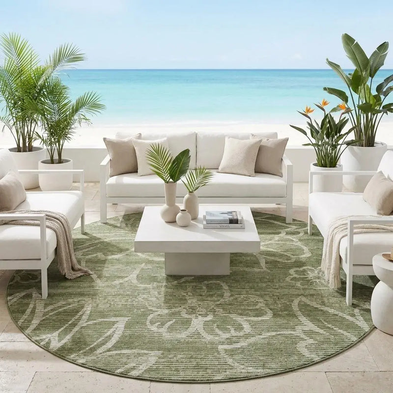 8' Olive Green And Green Round Floral Washable Indoor Outdoor Area Rug Homeroots Outdoor