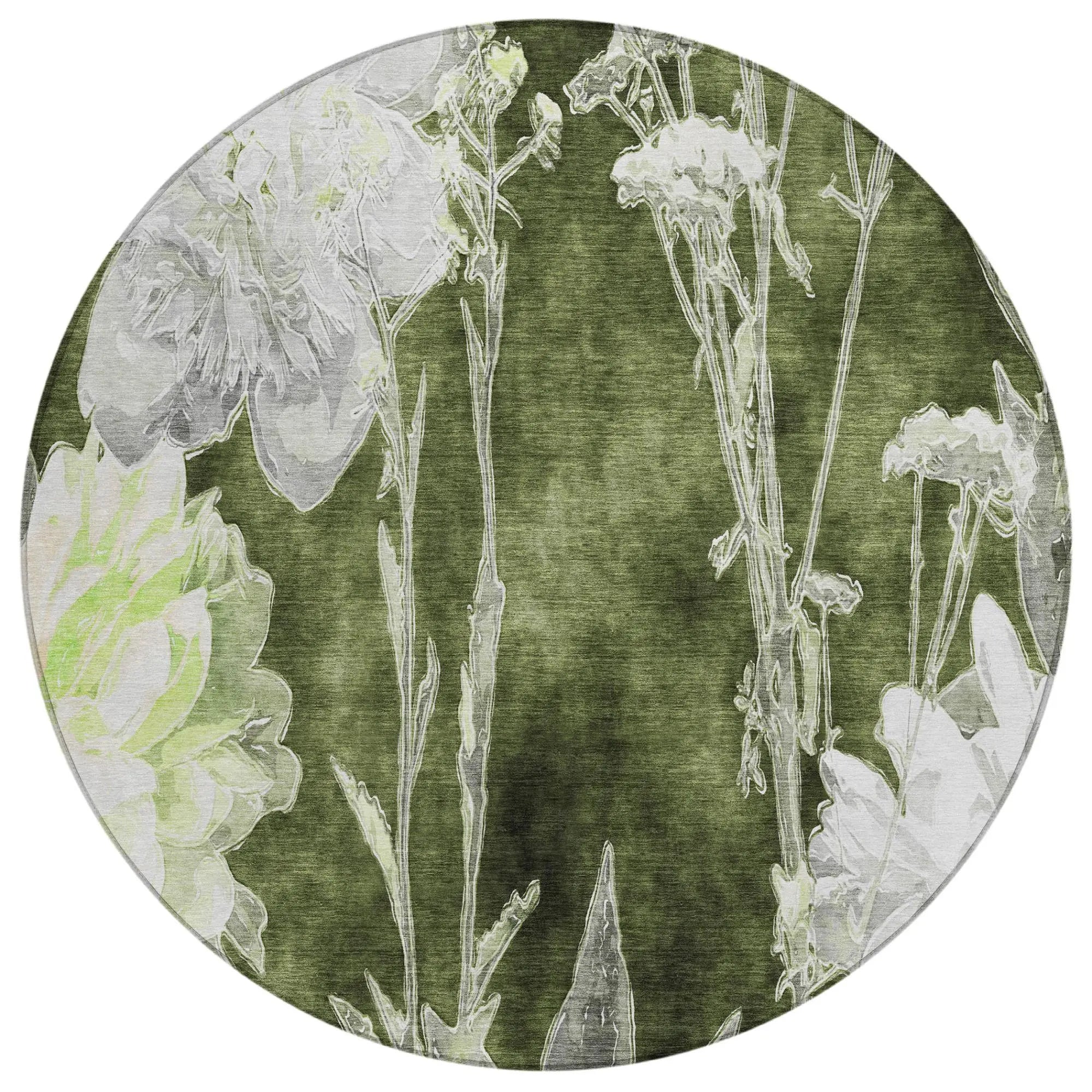 8' Olive Green And Green Round Floral Washable Indoor Outdoor Area Rug Homeroots Outdoor