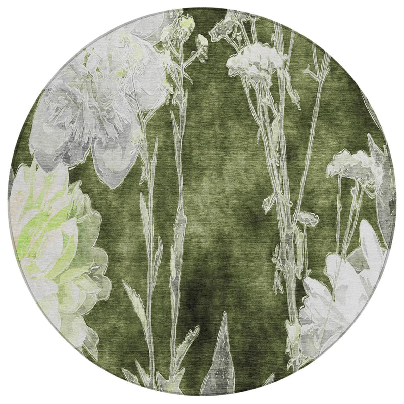 8' Olive Green And Green Round Floral Washable Indoor Outdoor Area Rug Homeroots Outdoor