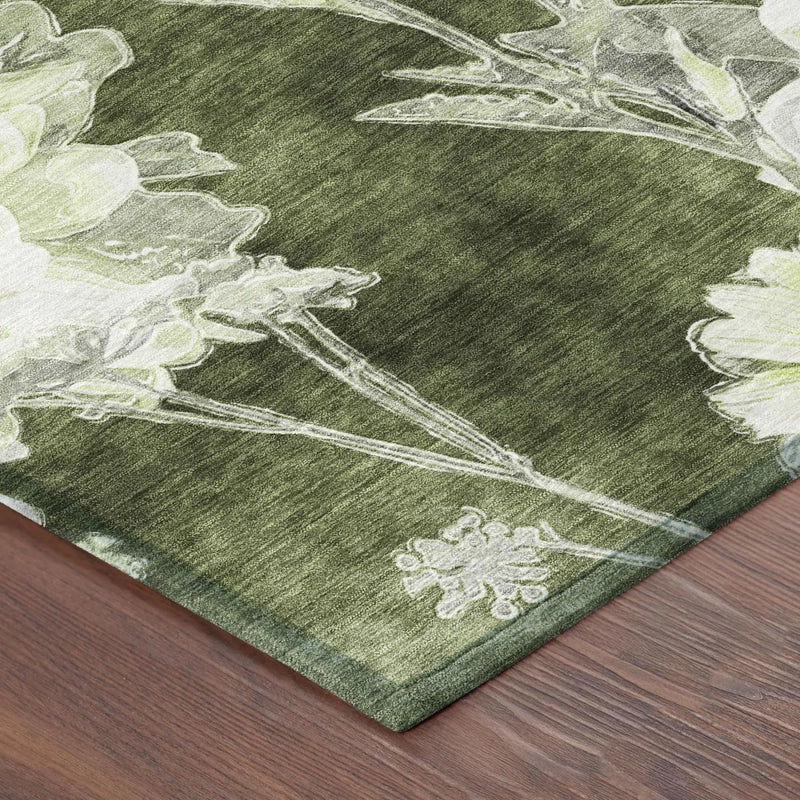 8' Olive Green And Green Round Floral Washable Indoor Outdoor Area Rug Homeroots Outdoor