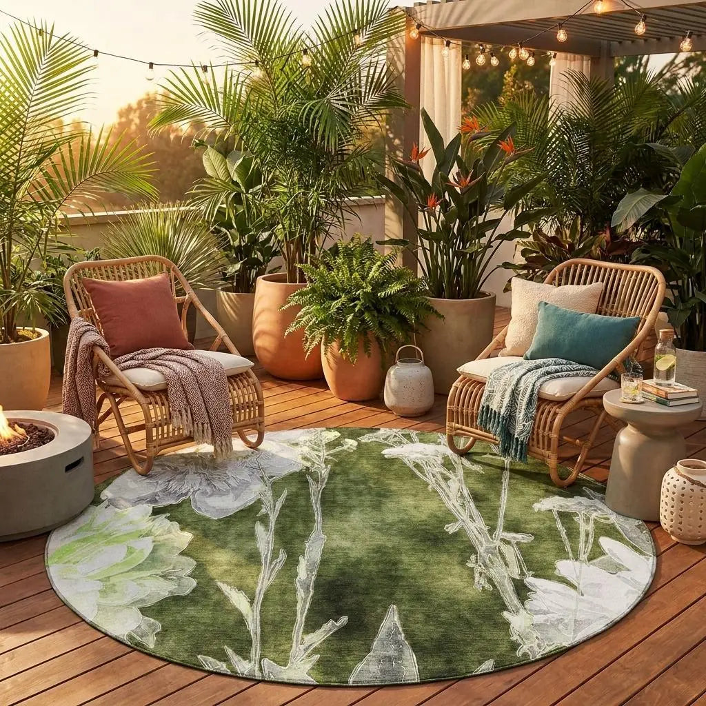 8' Olive Green And Green Round Floral Washable Indoor Outdoor Area Rug Homeroots Outdoor