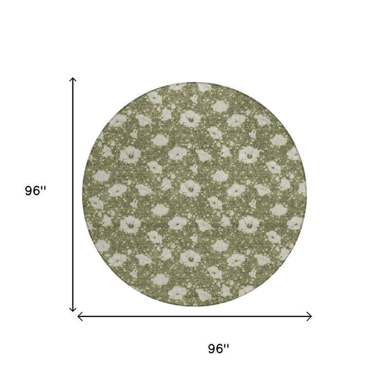 8' Olive Green And Green Round Floral Washable Indoor Outdoor Area Rug Homeroots Outdoor