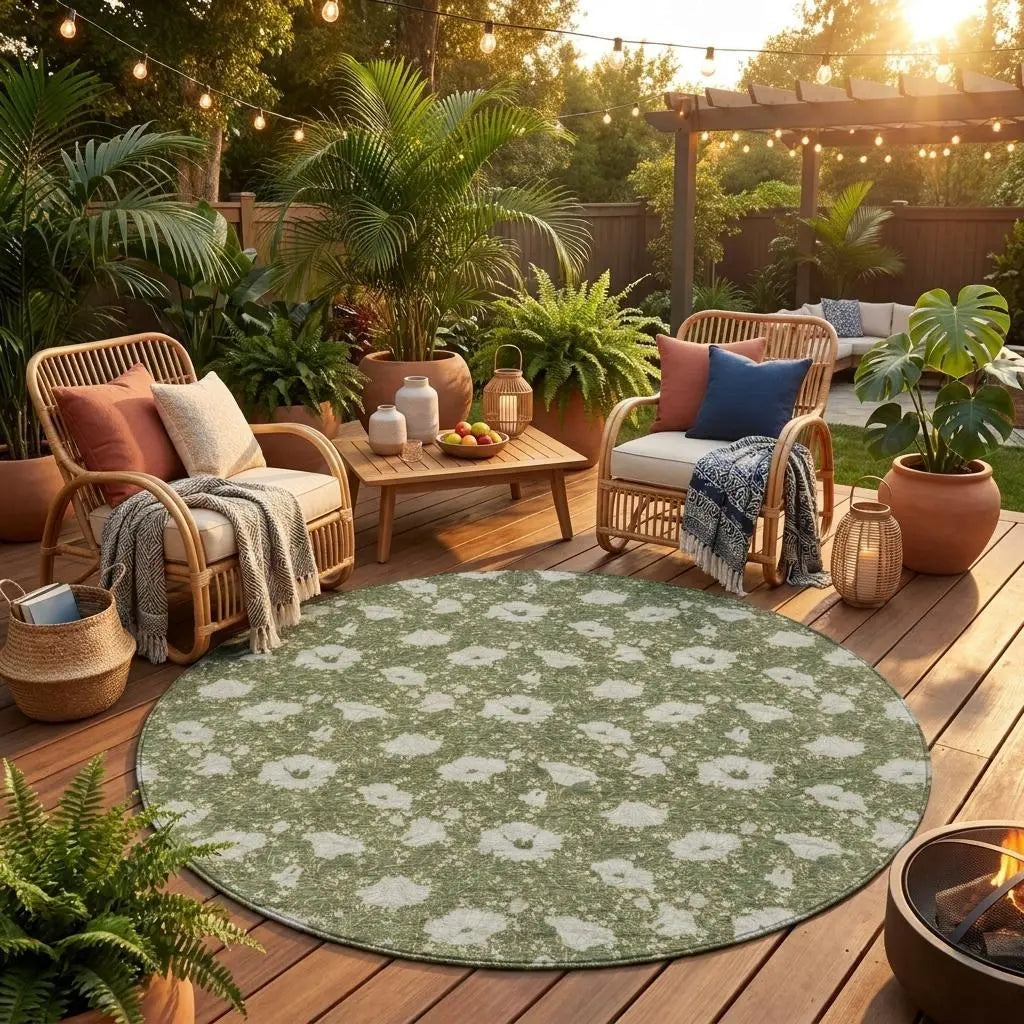 8' Olive Green And Green Round Floral Washable Indoor Outdoor Area Rug Homeroots Outdoor
