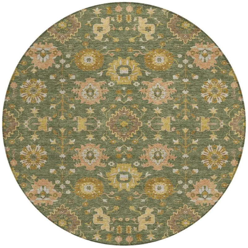 8' Olive Green And Green Round Geometric Washable Indoor Outdoor Area Rug Homeroots Outdoor