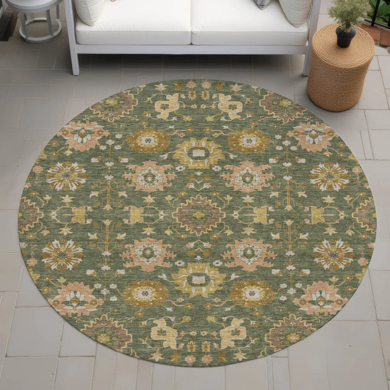 8' Olive Green And Green Round Geometric Washable Indoor Outdoor Area Rug Homeroots Outdoor