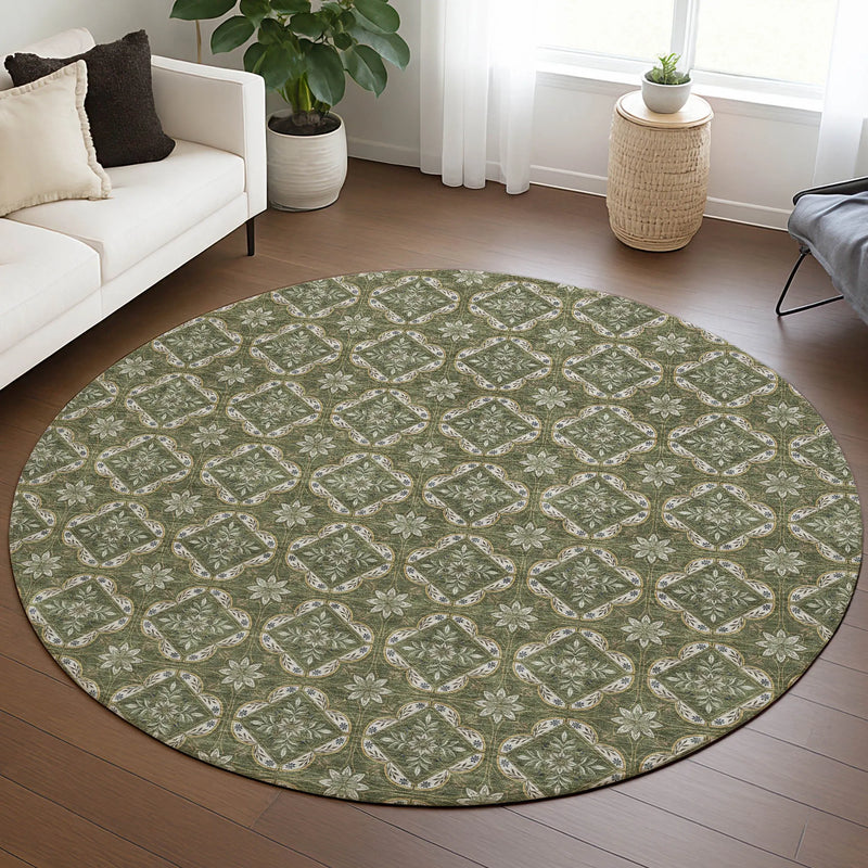 8' Olive Green And Green Round Geometric Washable Indoor Outdoor Area Rug Homeroots Outdoor