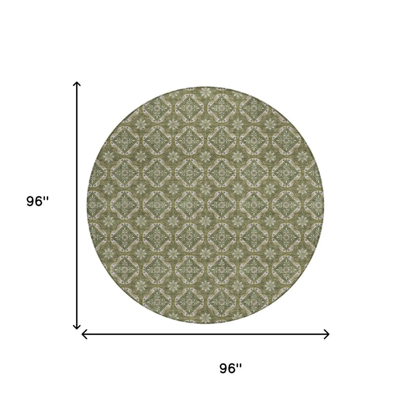 8' Olive Green And Green Round Geometric Washable Indoor Outdoor Area Rug Homeroots Outdoor