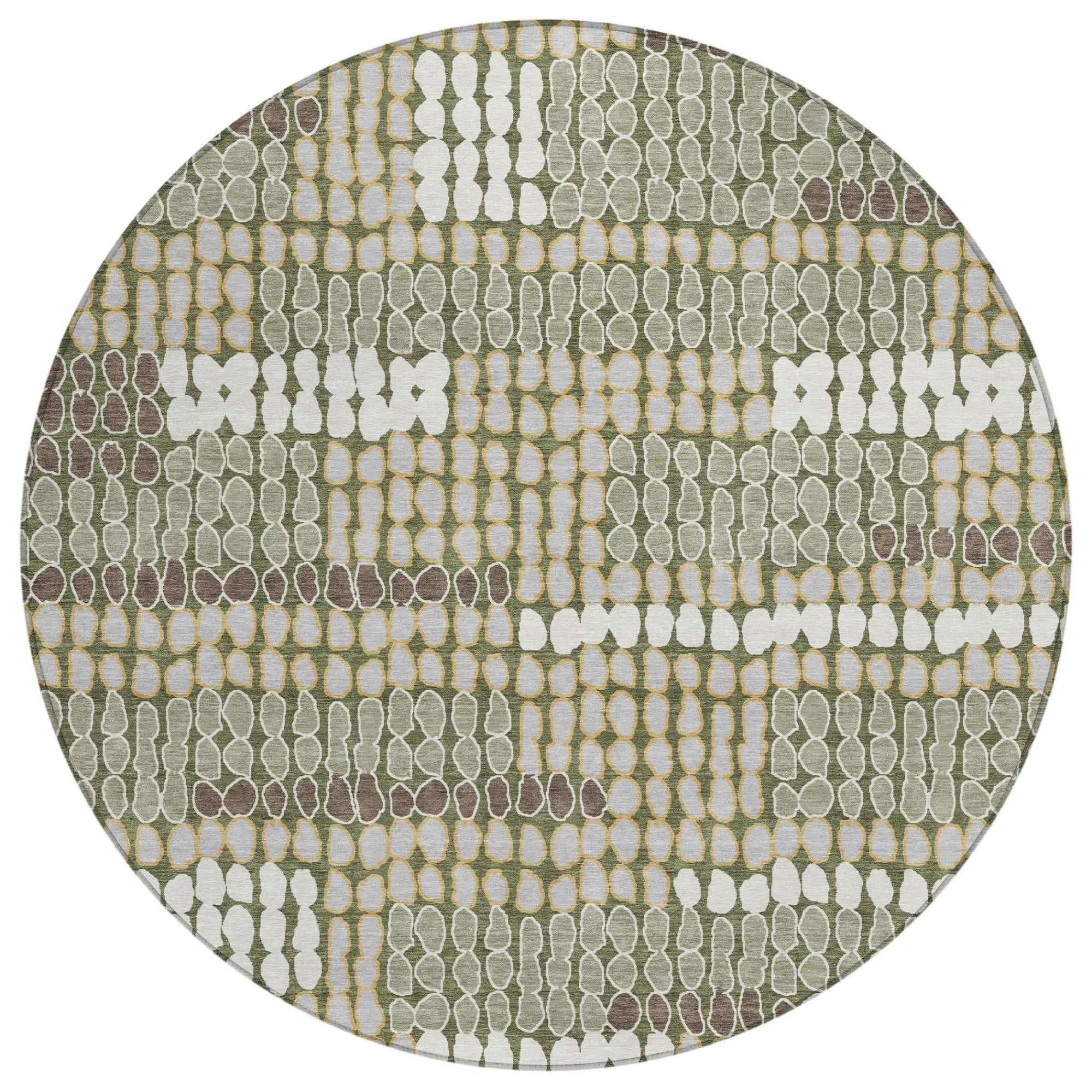 8' Olive Green And Green Round Geometric Washable Indoor Outdoor Area Rug Homeroots Outdoor