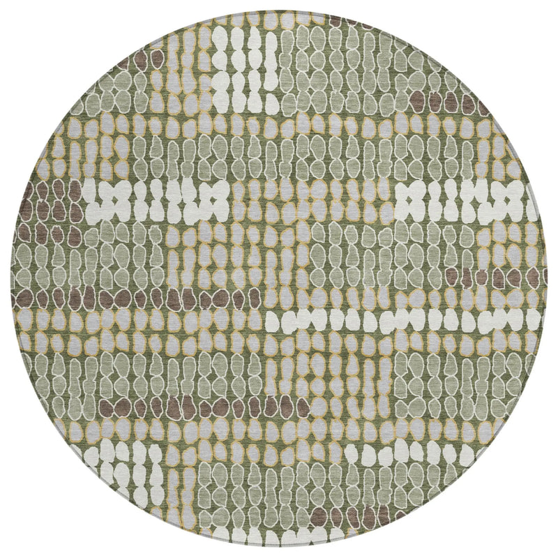 8' Olive Green And Green Round Geometric Washable Indoor Outdoor Area Rug Homeroots Outdoor
