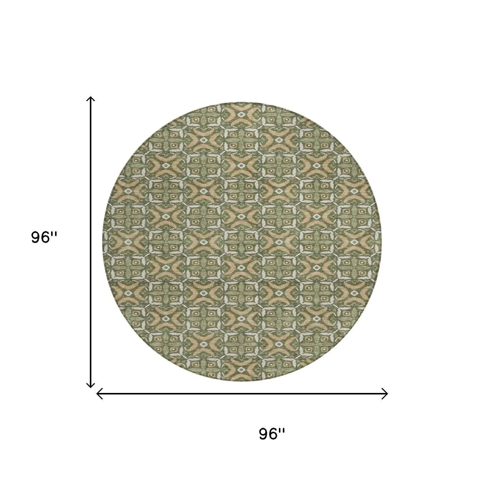 8' Olive Green And Green Round Geometric Washable Indoor Outdoor Area Rug Homeroots Outdoor