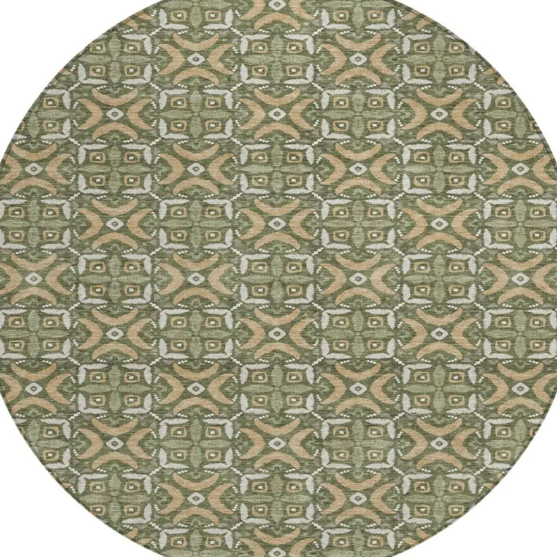 8' Olive Green And Green Round Geometric Washable Indoor Outdoor Area Rug Homeroots Outdoor