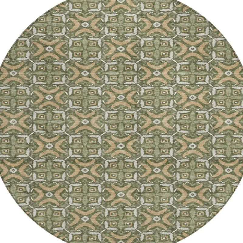 8' Olive Green And Green Round Geometric Washable Indoor Outdoor Area Rug Homeroots Outdoor