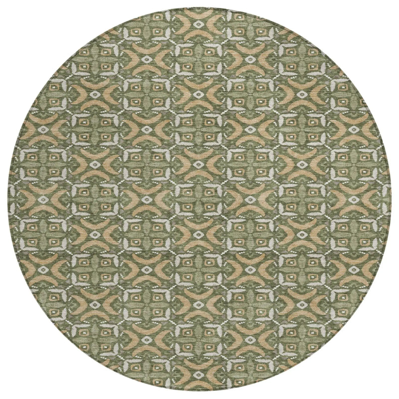 8' Olive Green And Green Round Geometric Washable Indoor Outdoor Area Rug Homeroots Outdoor