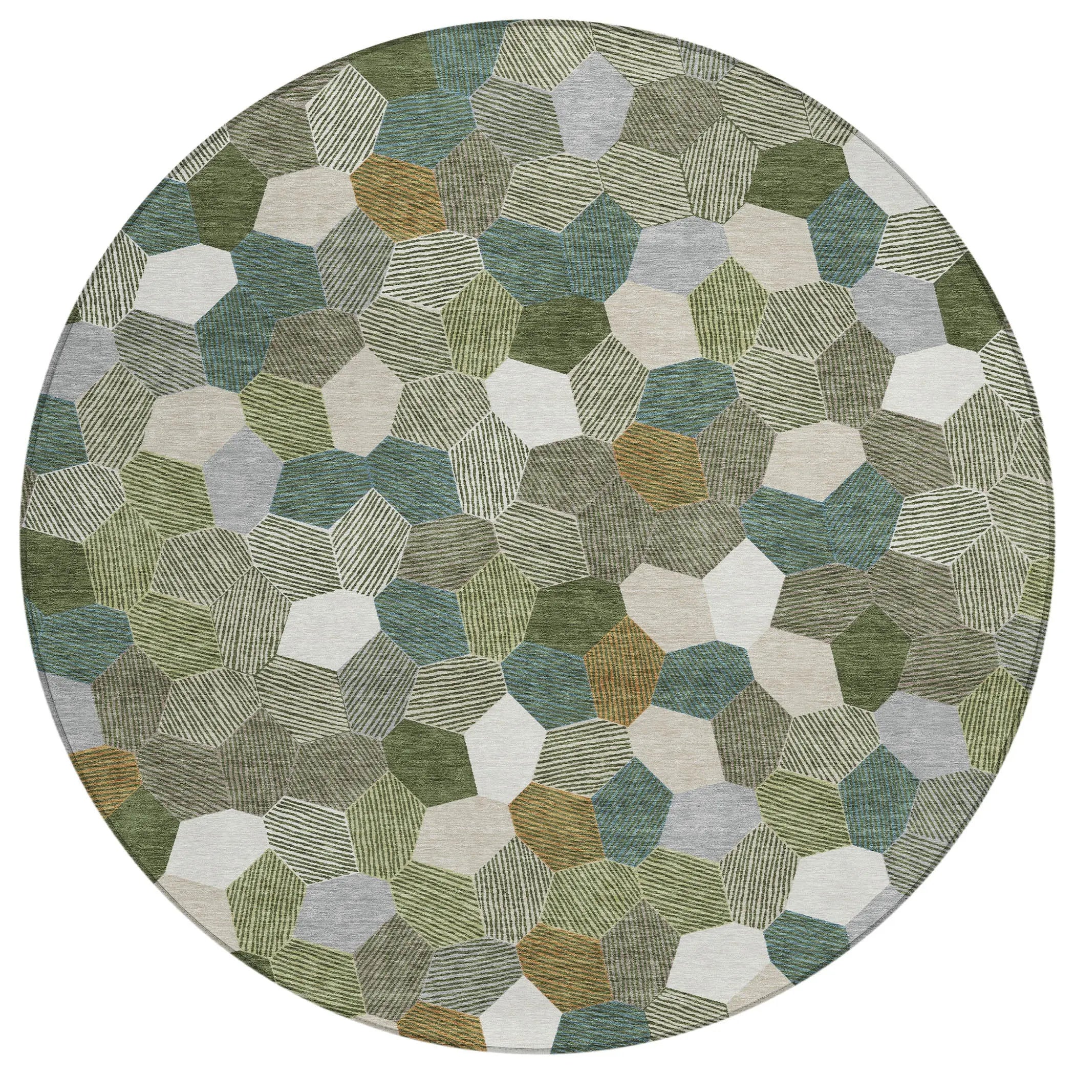 8' Olive Green And Green Round Geometric Washable Indoor Outdoor Area Rug Homeroots Outdoor
