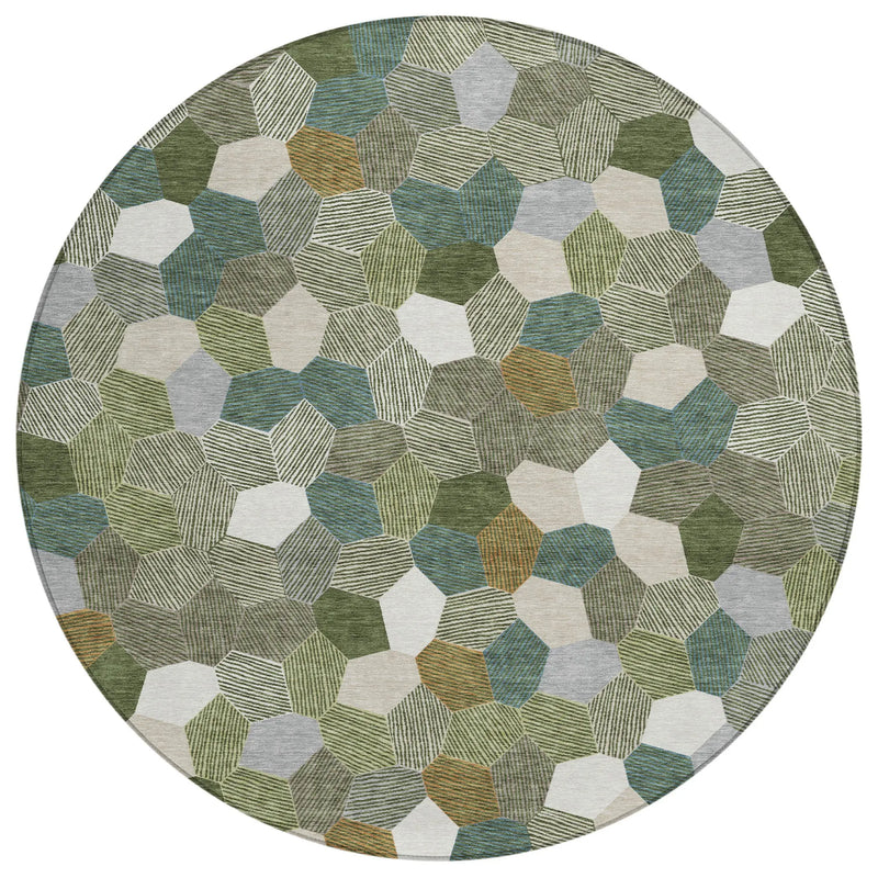 8' Olive Green And Green Round Geometric Washable Indoor Outdoor Area Rug Homeroots Outdoor