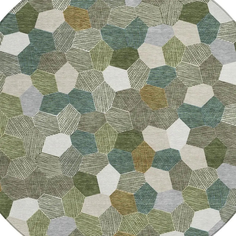 8' Olive Green And Green Round Geometric Washable Indoor Outdoor Area Rug Homeroots Outdoor